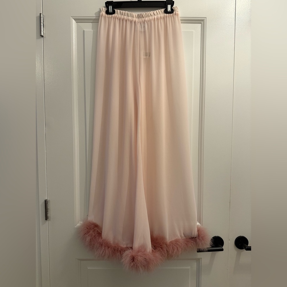 SLEEPER Fluffy You Sheer Pajama Pants With Turkey Feather Trim M - Picture 4 of 9